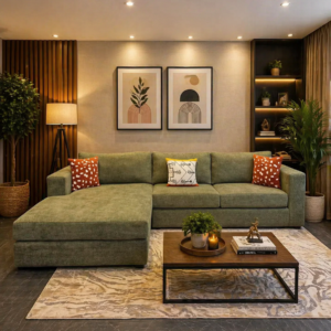 Green L shape sofa with chaise in modern Nairobi living room