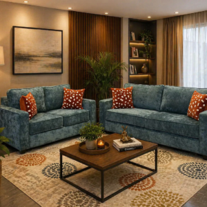 Blue fabric 3 seater and 2 seater sofa set in modern Nairobi living room