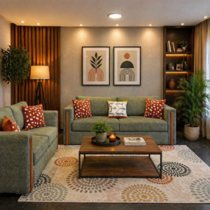 Green fabric 3 and 2 seater sofa set with wooden arm detail in Nairobi living room