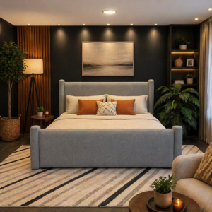 Grey upholstered bed with padded headboard in modern Nairobi bedroom