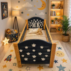 kids wooden toddler bed with star design and safety rails in Nairobi bedroom