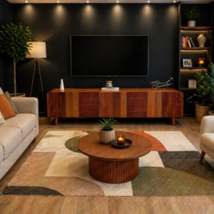 modern wooden TV stand with slatted front design in Nairobi living room