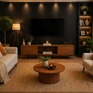 minimalist wooden TV stand with open shelf in Nairobi living room