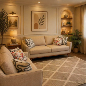 beige fabric 3 seater sofa set in Nairobi living room with cushions