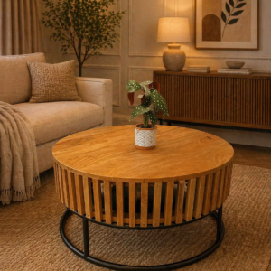 round wooden coffee table with slatted base in Nairobi living room