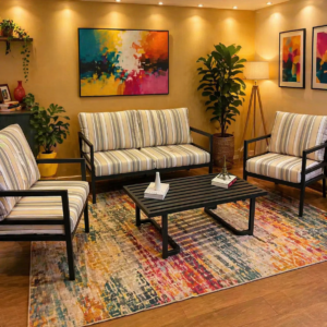 modern lounge chairs with striped cushions and black frame in Nairobi living room