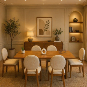 6 seater wooden dining table with upholstered chairs in Nairobi dining room