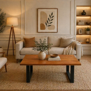 rectangular wooden coffee table with dark legs in Nairobi living room