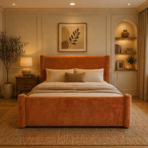 orange upholstered bed with wingback headboard in Nairobi bedroom