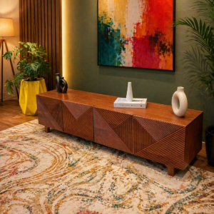 geometric wood tv stand with textured panels in Nairobi living room