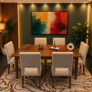 wooden dining table with upholstered chairs in Nairobi dining setup