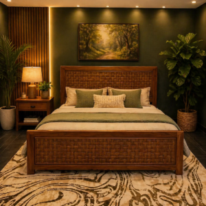 wooden bed frame with woven headboard and footboard in Nairobi bedroom