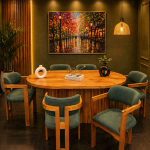 round wooden dining table with green upholstered chairs Nairobi dining set