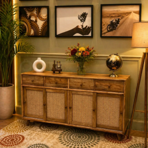 wooden sideboard cabinet with rattan panel doors and drawers in Nairobi home