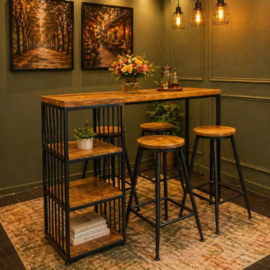 bar table set with wooden top metal frame and stools in Nairobi apartment