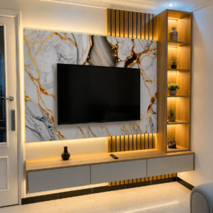 Modern wood panel TV wall unit with floating console and open shelving in a Kenya living room