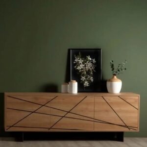 Modern wooden TV cabinet with geometric design in a stylish living room Kenya