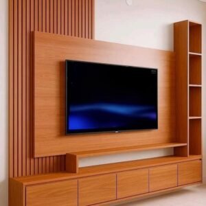 Modern wood slat TV wall unit with floating console and shelving in a Kenya living room