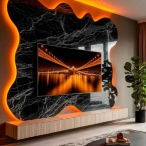 Curved marble TV wall with LED lighting and floating console in a modern Kenya living room