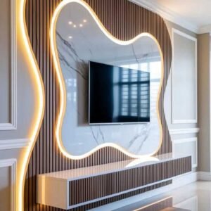 Curved slat panel TV wall with marble insert and LED lighting in a modern Kenya living room