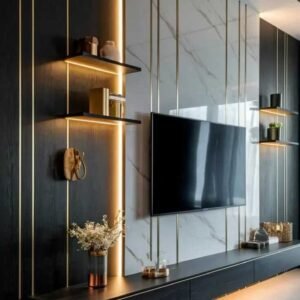 Marble TV wall with LED shelves, black panels and floating console in a modern Kenya living room