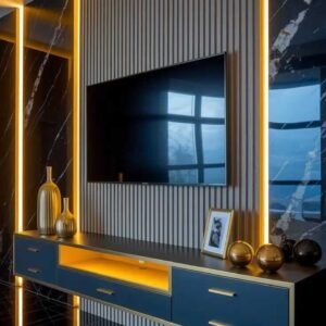 Slat panel TV wall with marble accents, LED lighting and floating console in a modern Kenya living room