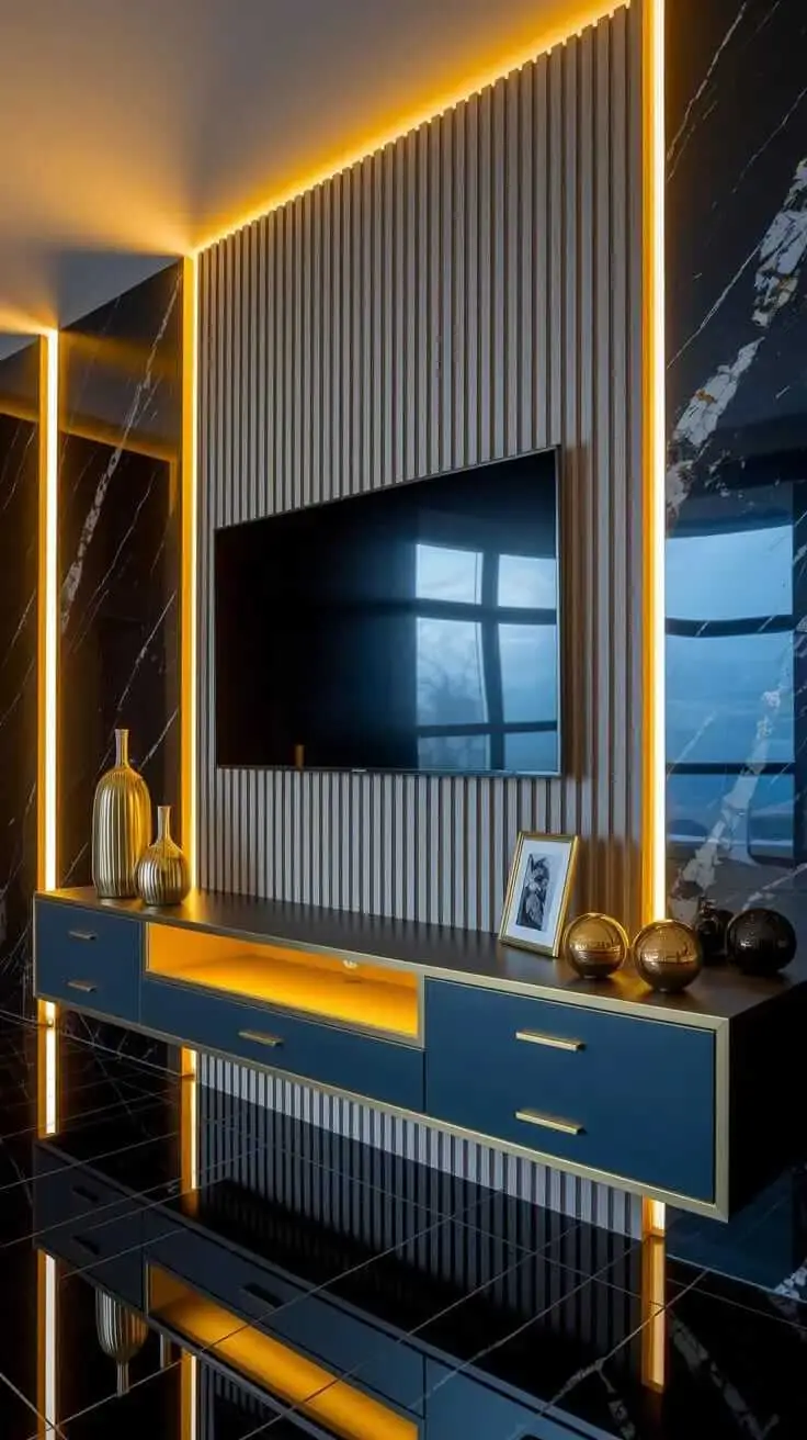 Slat panel TV wall with marble accents, LED lighting and floating console in a modern Kenya living room