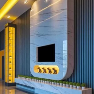 Curved marble TV wall with LED display niche, slat panels and floating console in a modern Kenya interior