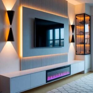 Slat panel TV wall with LED frame, floating console and display cabinet in a modern Kenya living room