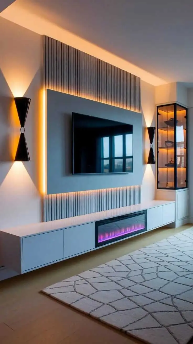 Slat panel TV wall with LED frame, floating console and display cabinet in a modern Kenya living room