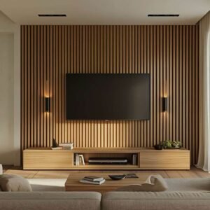 Wood slat TV wall with floating console and ambient lighting in a modern Kenya living room