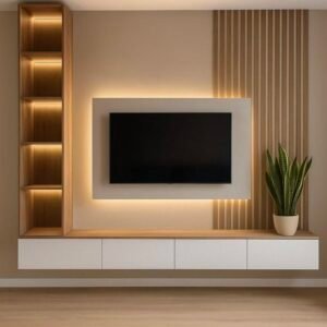 Slat panel TV wall with LED lighting and display shelves in a modern Kenya living room