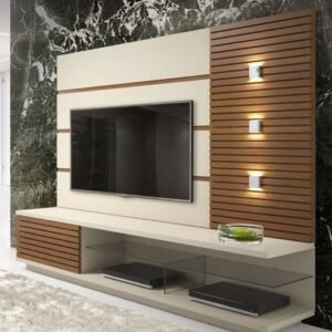 Marble TV wall panel with wood slat accent, floating console and lighting in a modern Kenya living room
