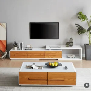 Modern white and wood TV stand with matching coffee table in Nairobi living room