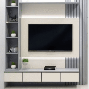 Minimalist TV wall with slat panel, open shelves and floating console in a modern Kenya living room