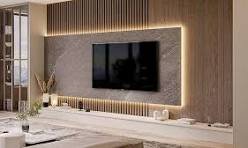 Textured TV wall with LED backlighting and vertical slat panels in a modern Kenya living room