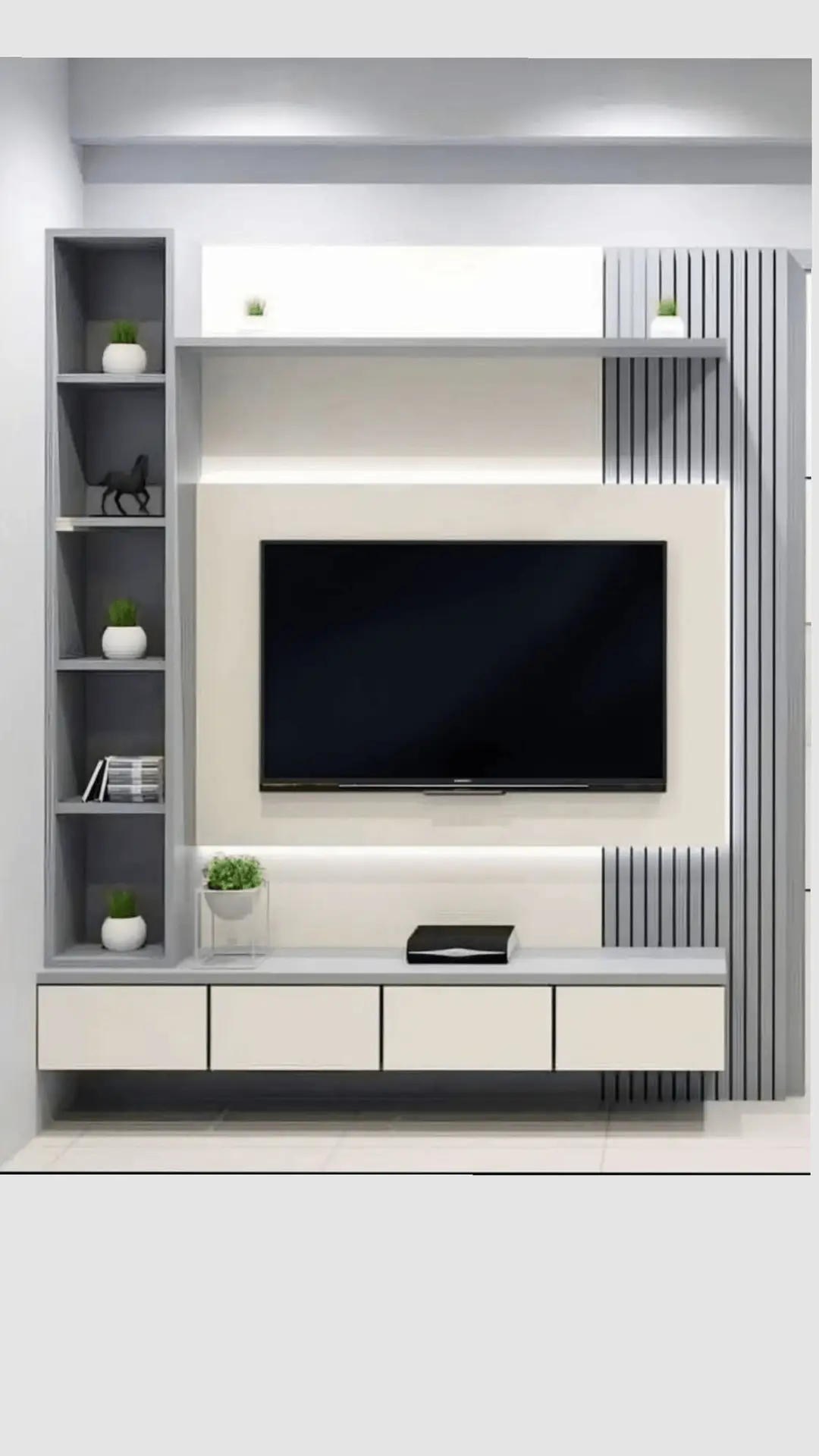 Minimalist TV wall with slat panel, open shelves and floating console in a modern Kenya living room