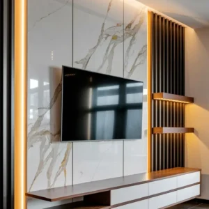 Slat panel TV wall with LED lighting, floating console and wall lights in a modern Kenya living room