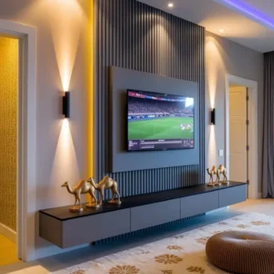 Slat panel TV wall with LED lighting, floating console and wall lights in a modern Kenya living room