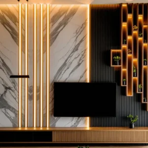 Marble and slat panel TV wall with LED lighting and display niches in a modern Kenya living room