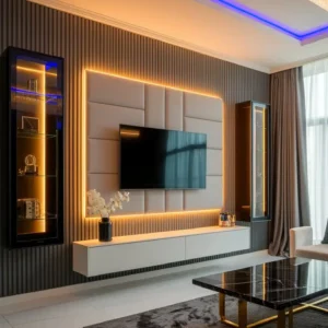 Luxury slat panel TV wall with upholstered center, LED lighting and display cabinets in a modern Kenya living room