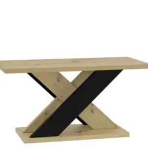 modern coffee table wood top with black X base in living room Kenya
