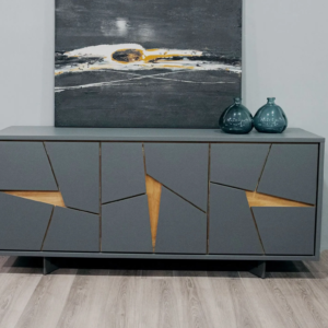 Grey TV cabinet with geometric panels and wood accents in modern living room Kenya