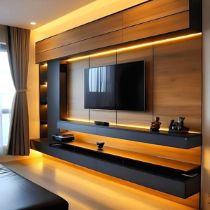 Modern floating TV wall unit with wood panels, LED lighting and shelves in a Kenya living room