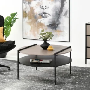 Round coffee table with black frame and beige top in modern living room Kenya