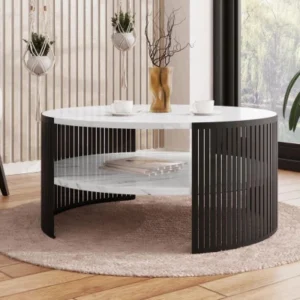 modern round coffee table styled in living room Kenya with decor