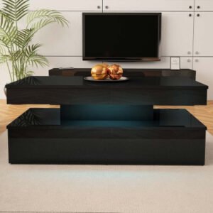 black gloss LED coffee table with storage in modern Kenya living room