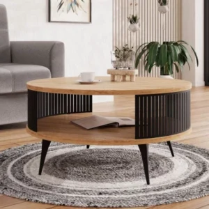 round coffee table with black slatted base and wood top in Kenya living room