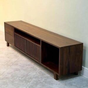 Wooden TV cabinet with slatted front and open shelves, modern living room furniture in Kenya