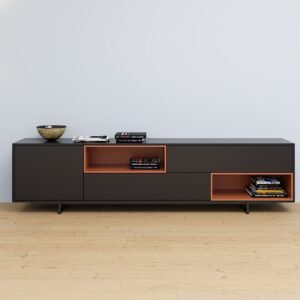 Modern dark TV cabinet with open shelf storage in living room Kenya
